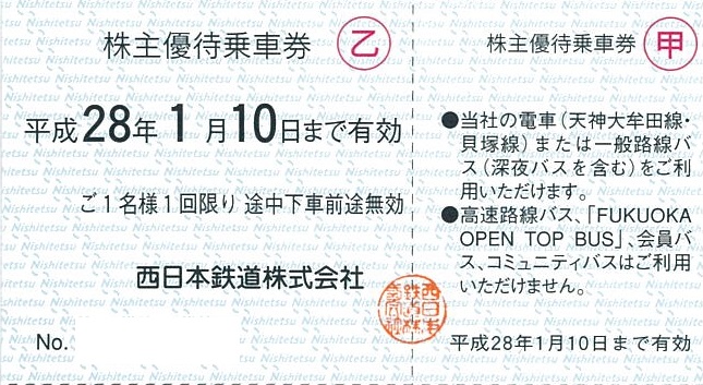 西鉄　西日本鉄道  株主優待乗車証 （定期タイプ） 電車全線