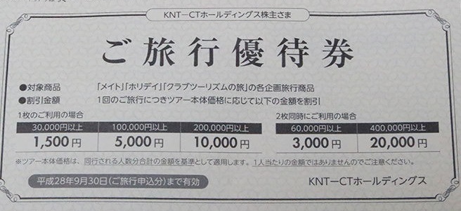 KNT-CTホールディングス株主優待ご旅行優待券 5％割引×2枚綴り