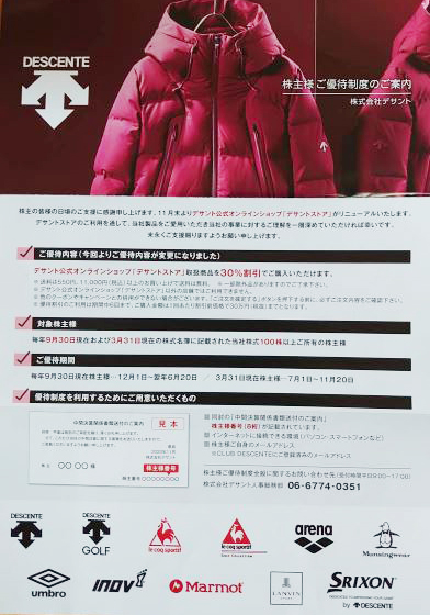 DESCENTE(デサント)株主優待 デサントストア30%割引券 | 専門店商品 DESCENTE(デサント)株主優待 デサントストア30%割引券 | 専門店商品