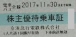 京浜急行(京急)電鉄株主優待乗車証(切符タイプ) 2017年11月30日期限