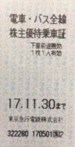 東急電鉄株主優待乗車証(切符タイプ) 2017年11月30日期限