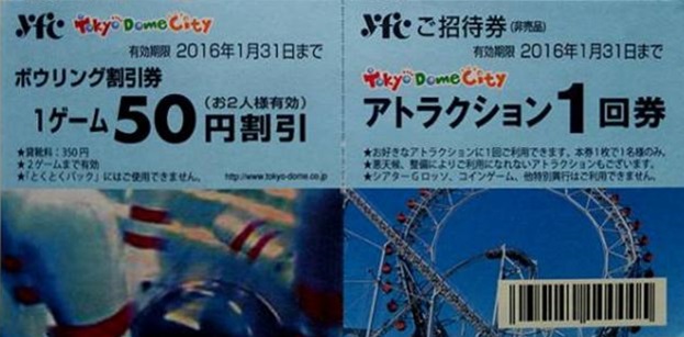 東京ドームアトラクションズ　アトラクション1回券（yfcご招待券）