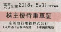 京浜急行(京急)電鉄株主優待乗車証 2018年5月31日期限