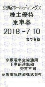 京阪電鉄株主優待乗車券(切符タイプ) 2018年7月10日期限