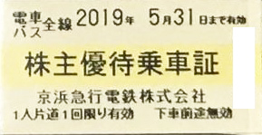 京浜急行(京急)株主乗車証 2019年5月31日期限