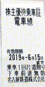 名古屋鉄道(名鉄)株主優待乗車証(切符タイプ) 2019年6月15日期限
