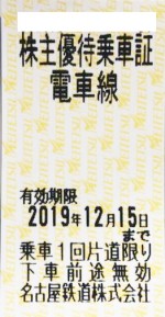 名古屋鉄道(名鉄)株主乗車券 2019年12月15日期限