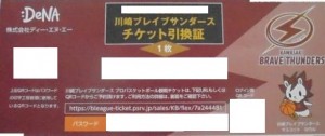 DeNA株主優待 川崎ブレイブサンダース プロバスケットボール観戦チケット引換証（1試合分）