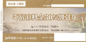 東建コーポレーション株主優待券 ホテル多度温泉 宿泊30％割引券