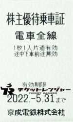 京成電鉄株主乗車証（切符タイプ）2022年5月31日期限