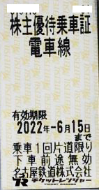 名古屋鉄道（名鉄）　株主優待乗車証2022年6月15日期限