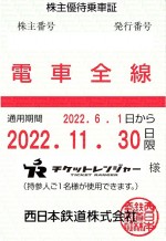 西日本鉄道（西鉄）株主優待（定期型）電車全線 2022年11月30日期限