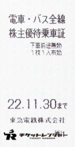 東京急行電鉄（東急）株主乗車証（切符タイプ）2022年11月30日期限