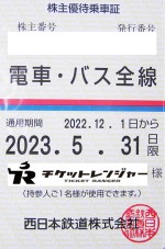 西日本鉄道（西鉄）株主優待（定期型）電車・バス全線 2023年5月31日期限