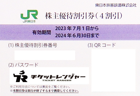 JR東日本株主優待券（1枚で運賃料金が4割引）＜2023年7月1日〜2024年6