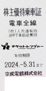 京成電鉄株主乗車証（切符タイプ）2024年5月31日期限