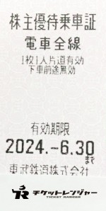 東武鉄道株主優待証（切符タイプ）2024年6月30日期限