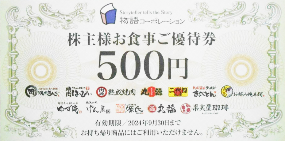 2枚☆物語コーポレーション 若けれ 株主優待500円券1枚(枚数変更可)