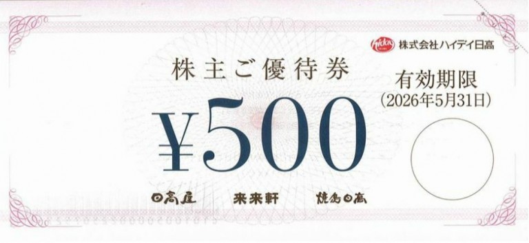 ハイデイ日高(日高屋)株主優待券 500円券 2026年5月31日期限 | 飲食