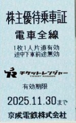 京成電鉄株主乗車証（切符タイプ）2025年11月30日期限