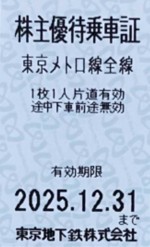 東京メトロ株主優待乗車証（切符タイプ）2025年12月31日期限