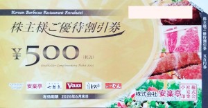 安楽亭株主優待券 500円券 2026年6月30日期限_課税対象商品