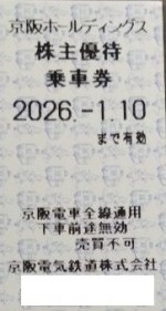 京阪電鉄株主優待乗車券（切符タイプ）2026年1月10日期限