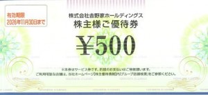 吉野家株主優待券（吉野家・はなまるうどん）500円券　2026年11月30日期限