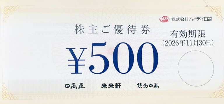 ハイデイ日高(日高屋)株主優待券 500円券 2026年11月30日期限 | 金券