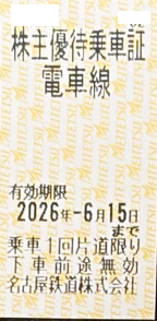 名古屋鉄道（名鉄）株主優待乗車証（切符タイプ）2026年6月15日期限