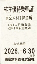 東京メトロ株主優待乗車証（切符タイプ）2026年6月30日期限