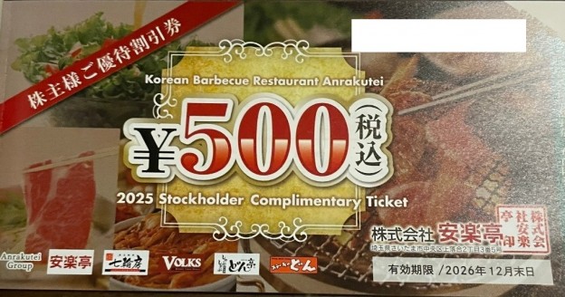 最新 安楽亭 株主優待券 500円×26枚(13,000円分) 20%割引券付き 安楽亭株主優待券 500円券 2026年12月31日期限_課税対象商品 | 飲食