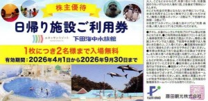 藤田観光 株主優待券 日帰り施設ご利用券 1枚で2名まで入場可能（箱根小涌園ユネッサン・下田海中水族館）2026年9月30日期限