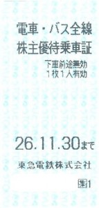 東京急行電鉄（東急）株主乗車証（切符タイプ）2026年11月30日期限