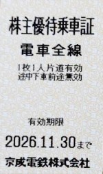 京成電鉄株主乗車証（切符タイプ）2026年11月30日期限