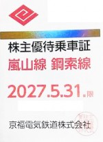 京福電気鉄道 嵐山線・鋼策線(定期型)株主優待 乗車証 2027年5月31日期限