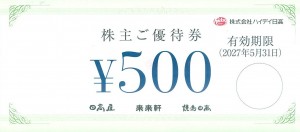 ハイデイ日高(日高屋)株主優待券 500円券　2027年5月31日期限