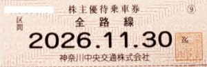 神奈川中央交通（神奈中）株主優待乗車証 2026年11月30日期限