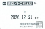 東京メトロ株主優待（定期型）東京メトロ全線フリーパス（乗り降り自由） 2026年12月31日期限